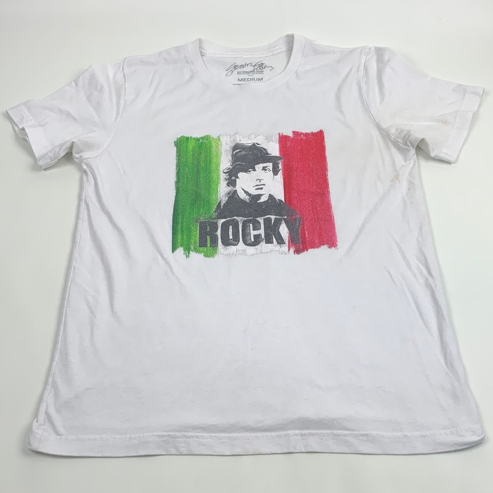 Rocky Graphic T-Shirt Size Women’s Medium Sly Stallone Shop White Front Graphic